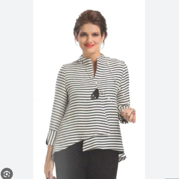 IC by Connie K Navy Blue Striped Top Coat Lagenlook Oversized One-Button Sz XL - Picture 1 of 7